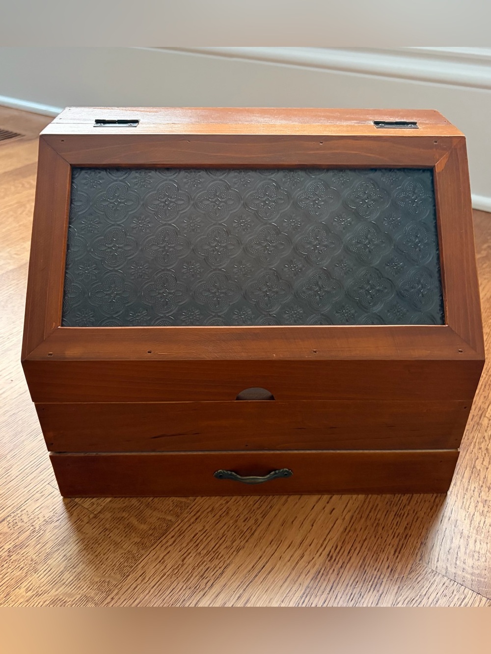 Vintage Style Wood Bread Box Cottagecore Countertop Organizer Glass Door Cabinet